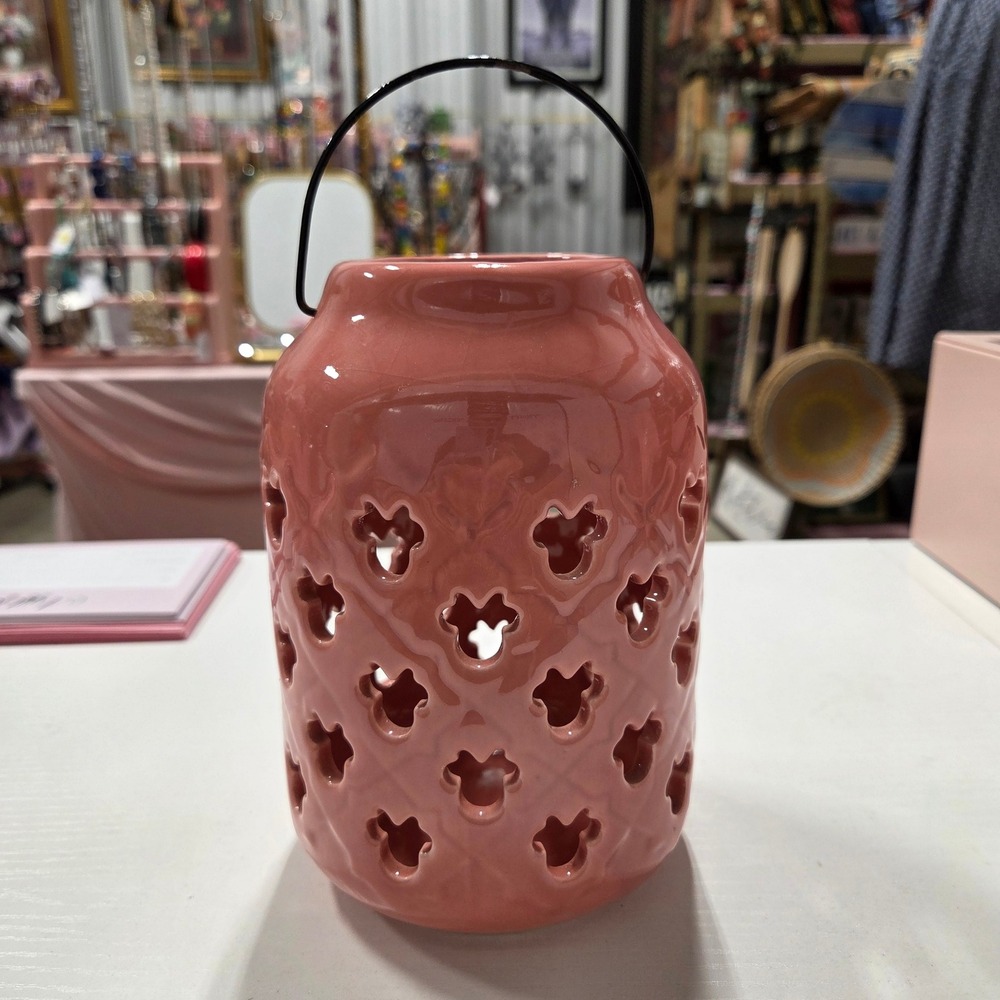 Disney Minnie Mouse Pink Ceramic Garden Lantern Quilted Mickey Cutouts LDG81402